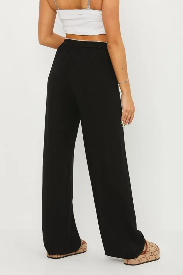 Women Pantalon En Lin Taille Haute Noir Black Brentiny Paris Pants