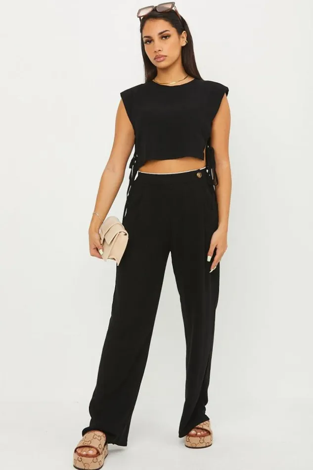 Women Pantalon En Lin Taille Haute Noir Black Brentiny Paris Pants