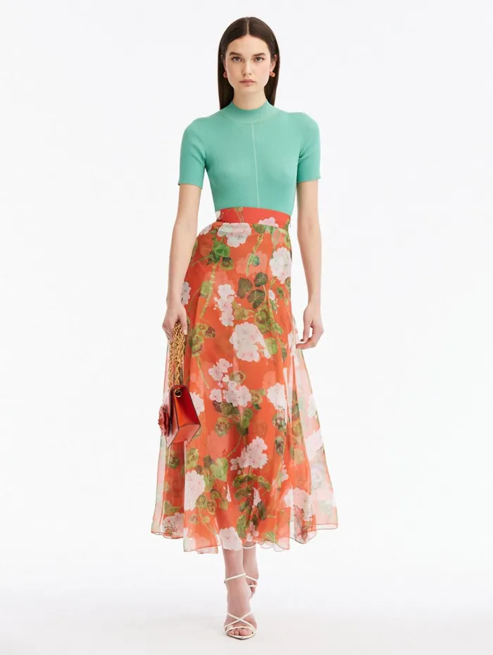 Women Pants and Skirts Oscar De La Renta Geranium Silk Chiffon Maxi Skirt Whitesienna