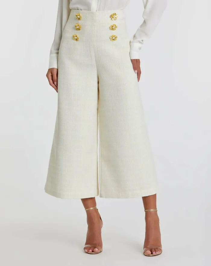 Women Pants Mac Duggal Ivory Tweed High Waisted Wide Leg Sailor Pant With Gold Buttons 8211 FINA Cream Women Pants Mac Duggal Ivory Tweed High Waisted Wide Leg Sailor Pant With Gold Buttons 8211 FINA Cream