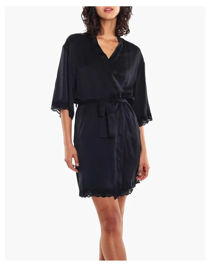 Women Papinelle Sleepwear Pure Silk Lace Robe Black Madewell Pajamas