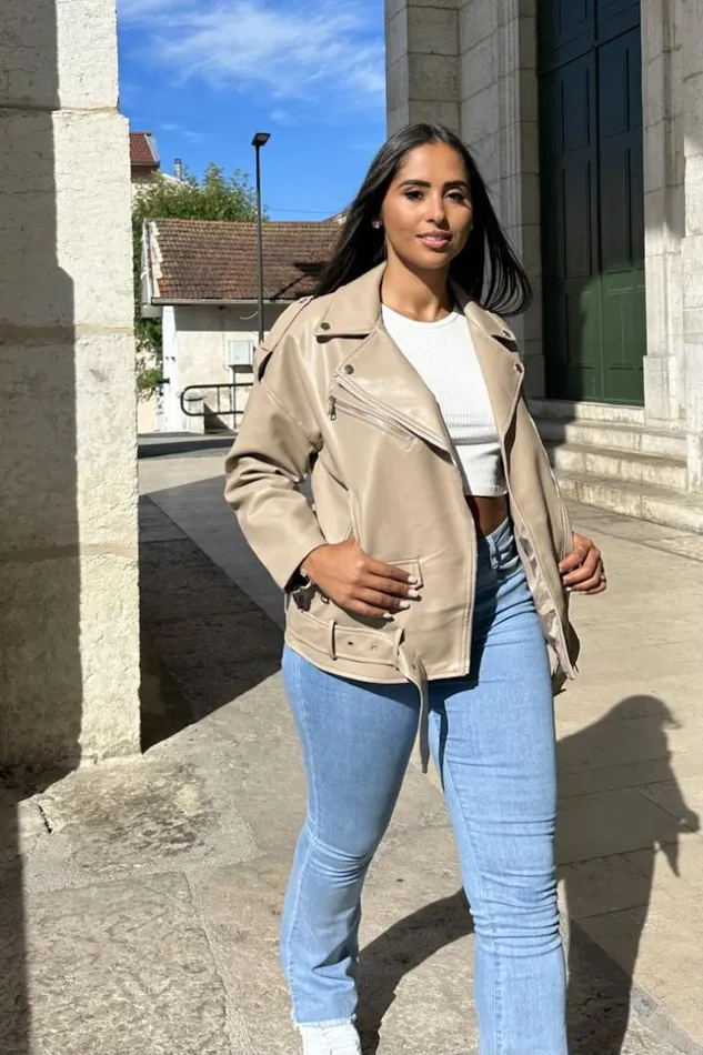 Women Perfecto En Simili Cuir Taupe Ceintur Darkbeige Brentiny Paris Jackets