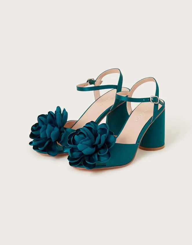 Women Petal Corsage Satin Heel Sandals Teal Monsoon Sandals