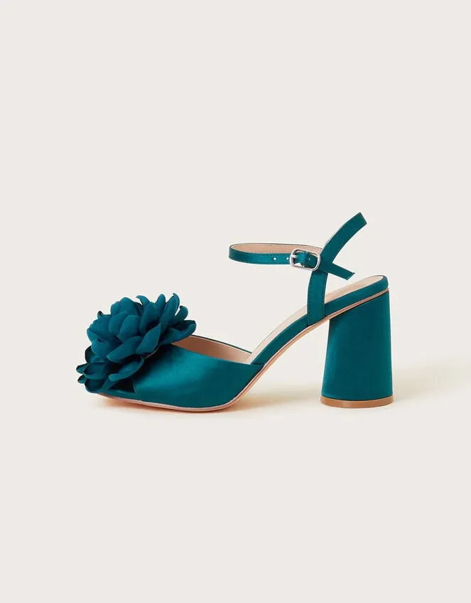 Women Petal Corsage Satin Heel Sandals Teal Monsoon Sandals