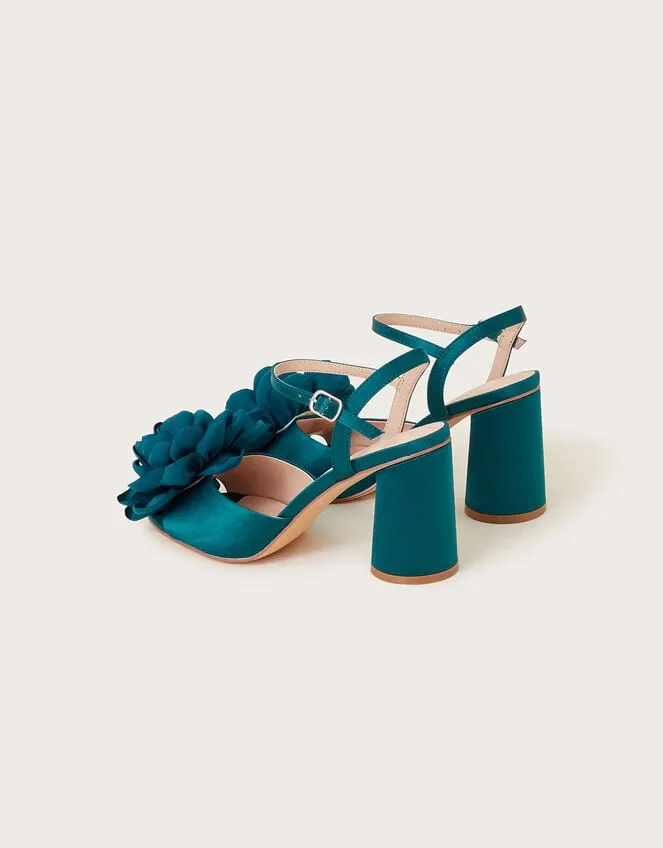 Women Petal Corsage Satin Heel Sandals Teal Monsoon Sandals