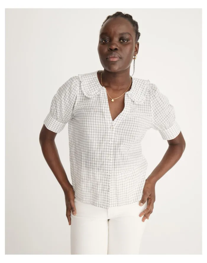 Women Peter Pan Collar Shirt In Windowpane Lighthouse Madewell Tops and Shirts