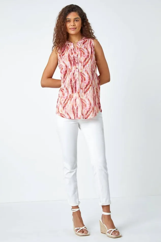 Women Pink Abstract Burnout Sleeveless VNeck Top Roman Tops