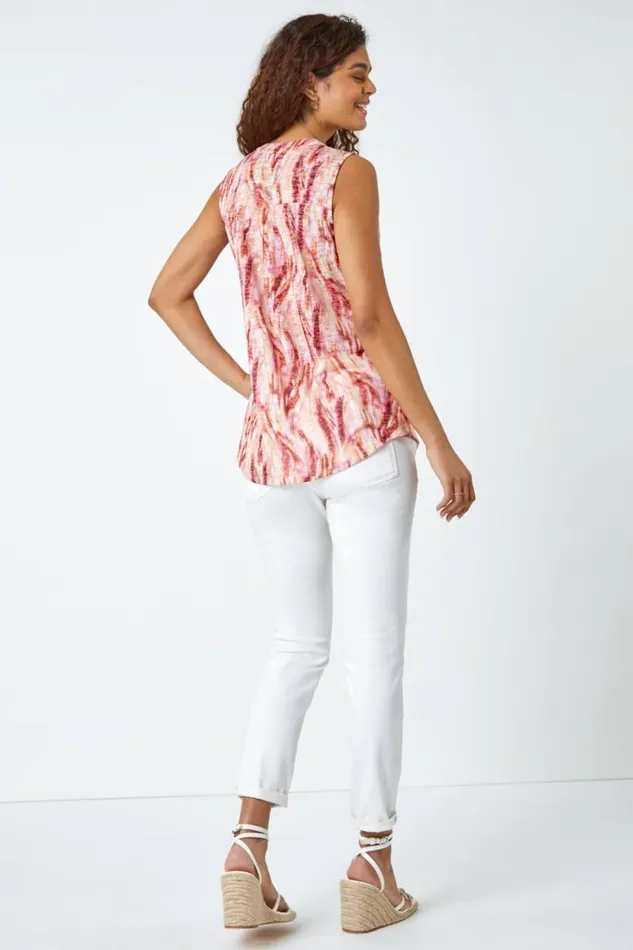 Women Pink Abstract Burnout Sleeveless VNeck Top Roman Tops