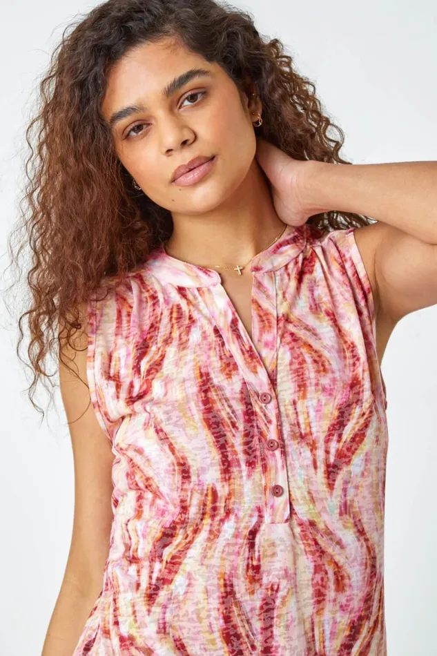 Women Pink Abstract Burnout Sleeveless VNeck Top Roman Tops