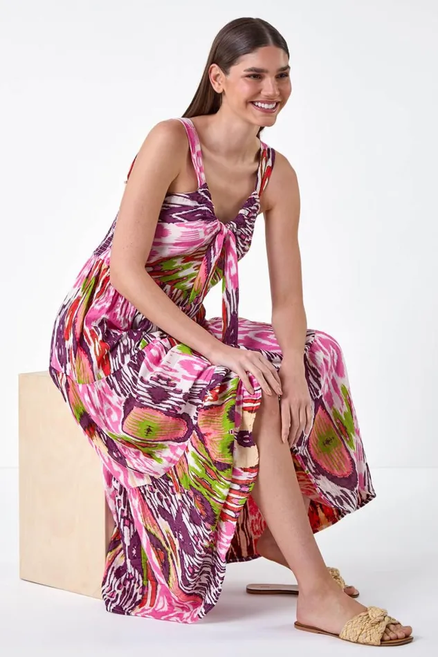 Women Pink Abstract Tie Front Tiered Maxi Dress Roman Dresses