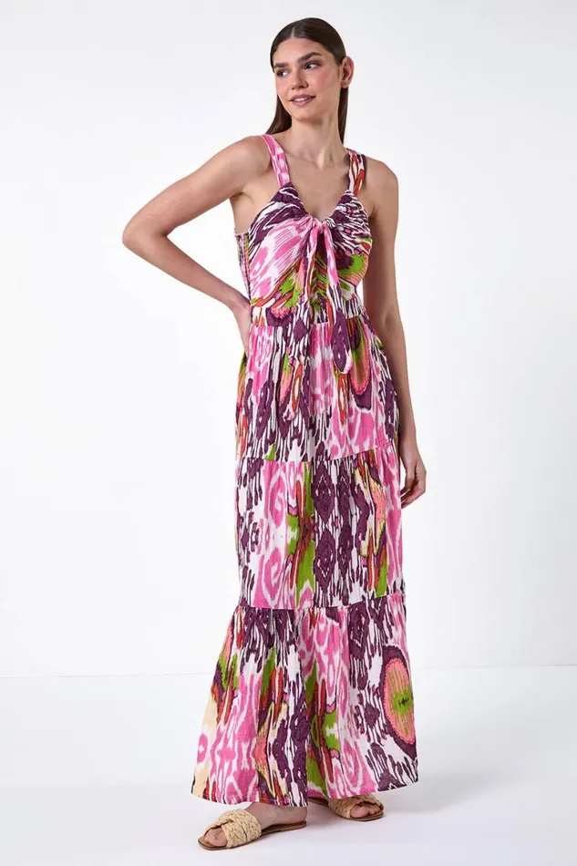 Women Pink Abstract Tie Front Tiered Maxi Dress Roman Dresses