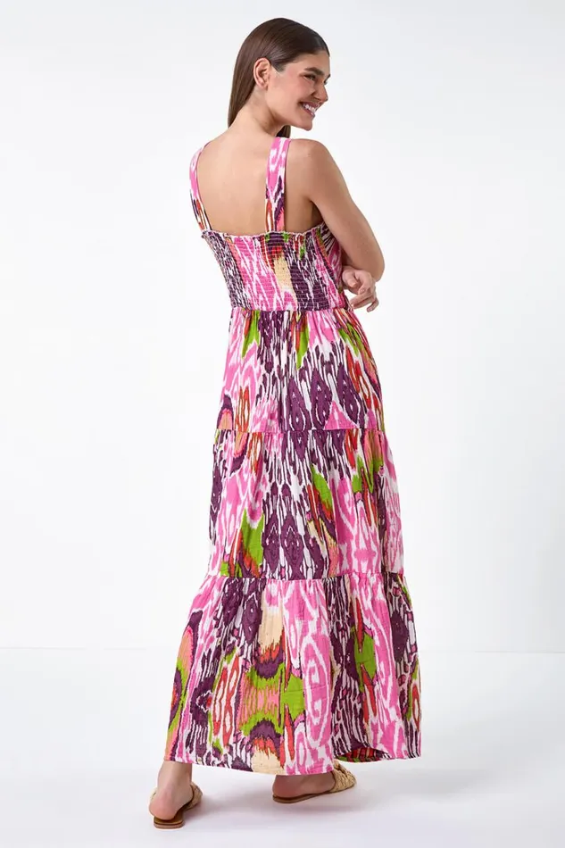 Women Pink Abstract Tie Front Tiered Maxi Dress Roman Dresses