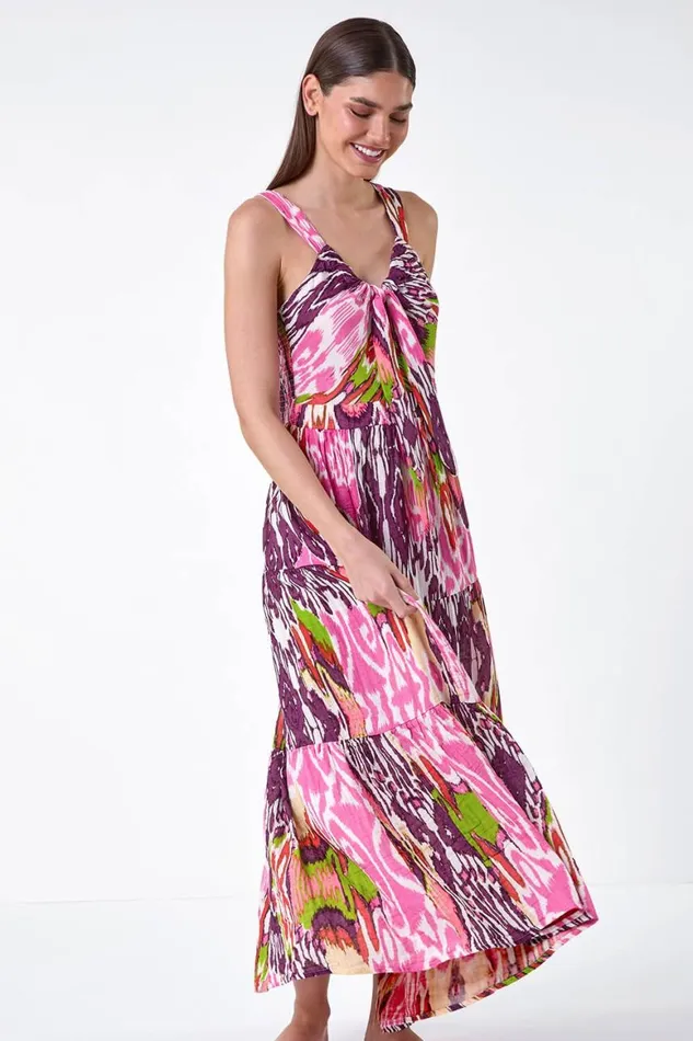 Women Pink Abstract Tie Front Tiered Maxi Dress Roman Dresses