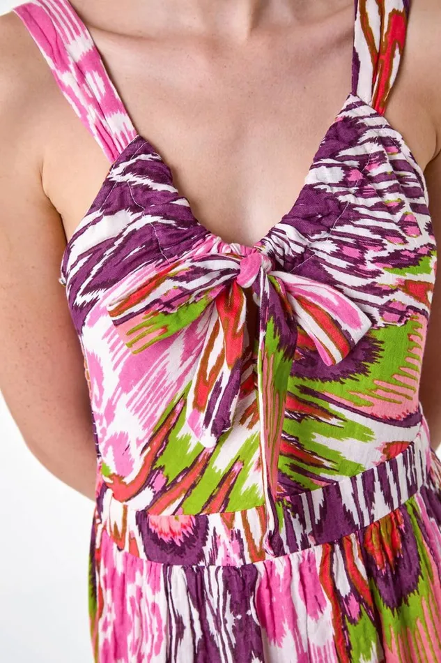 Women Pink Abstract Tie Front Tiered Maxi Dress Roman Dresses