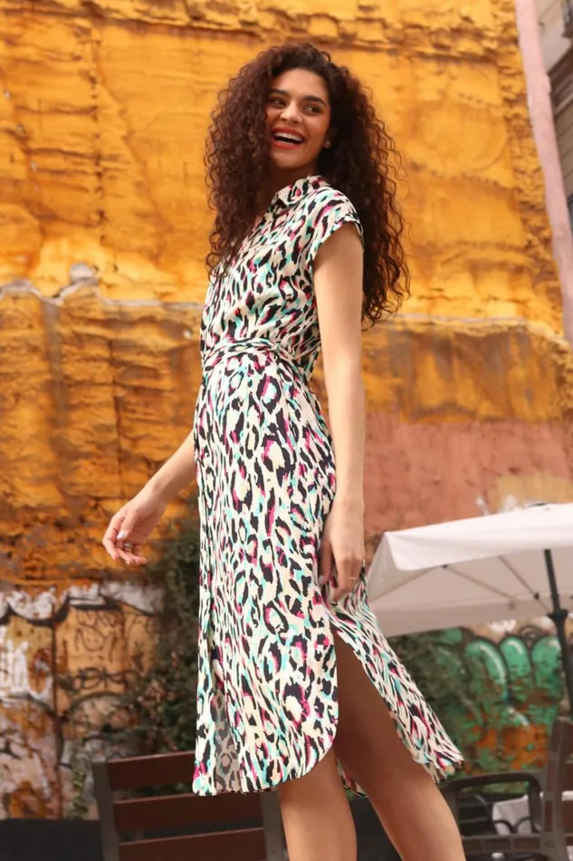 Women Pink Animal Print Midi Shirt Dress Roman Dresses