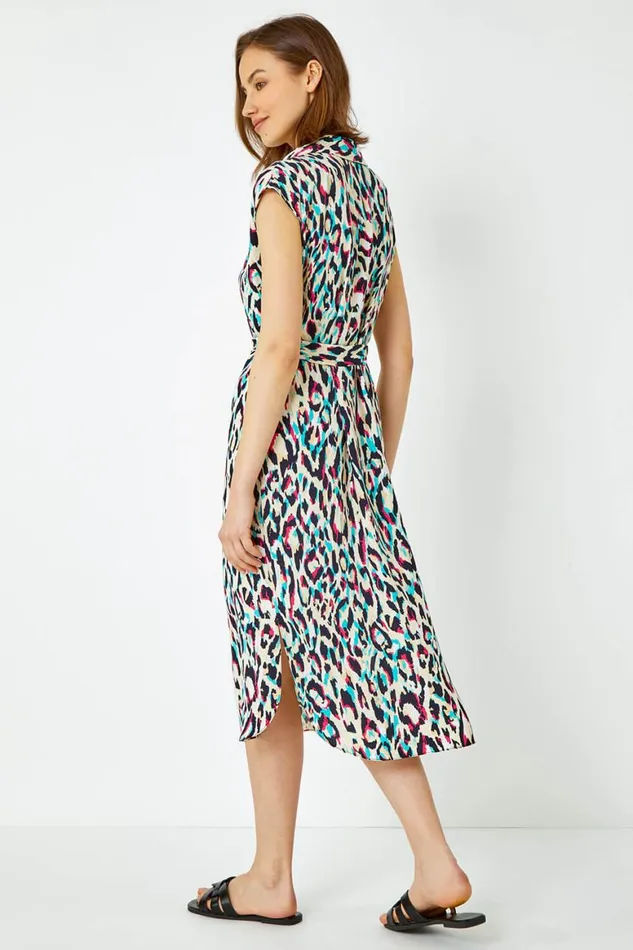 Women Pink Animal Print Midi Shirt Dress Roman Dresses