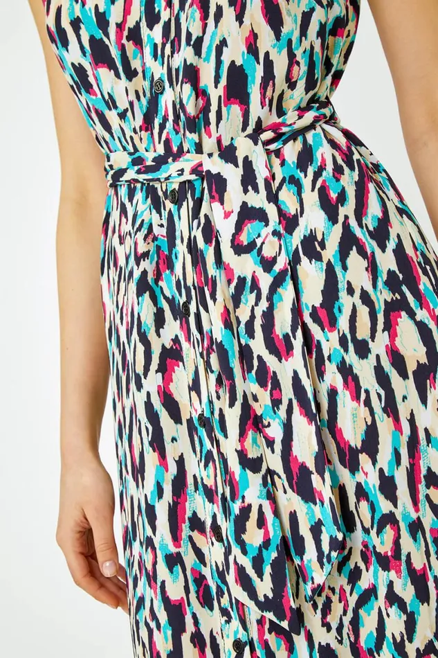 Women Pink Animal Print Midi Shirt Dress Roman Dresses