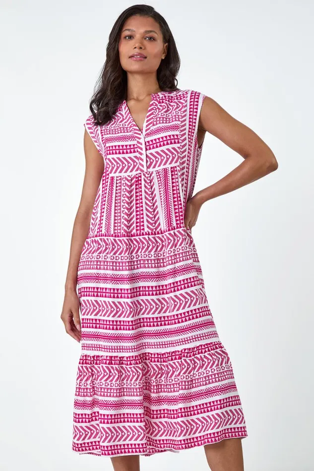 Women Pink Aztec Print Tiered Midi Smock Dress Roman Dresses