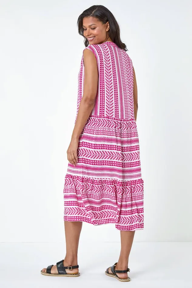 Women Pink Aztec Print Tiered Midi Smock Dress Roman Dresses