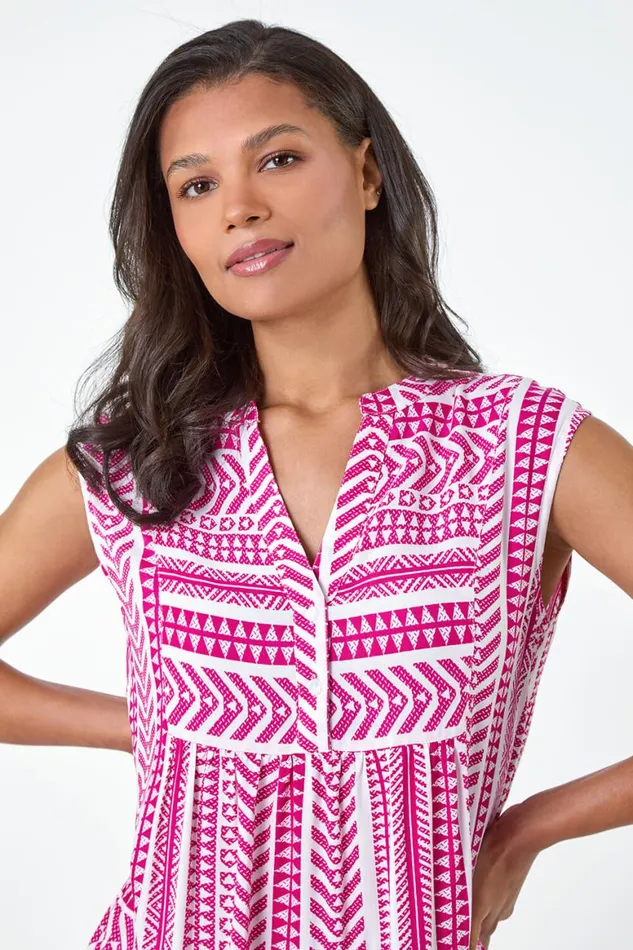 Women Pink Aztec Print Tiered Midi Smock Dress Roman Dresses