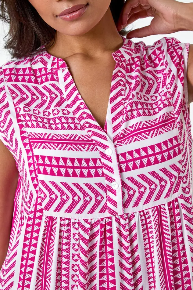 Women Pink Aztec Print Tiered Midi Smock Dress Roman Dresses