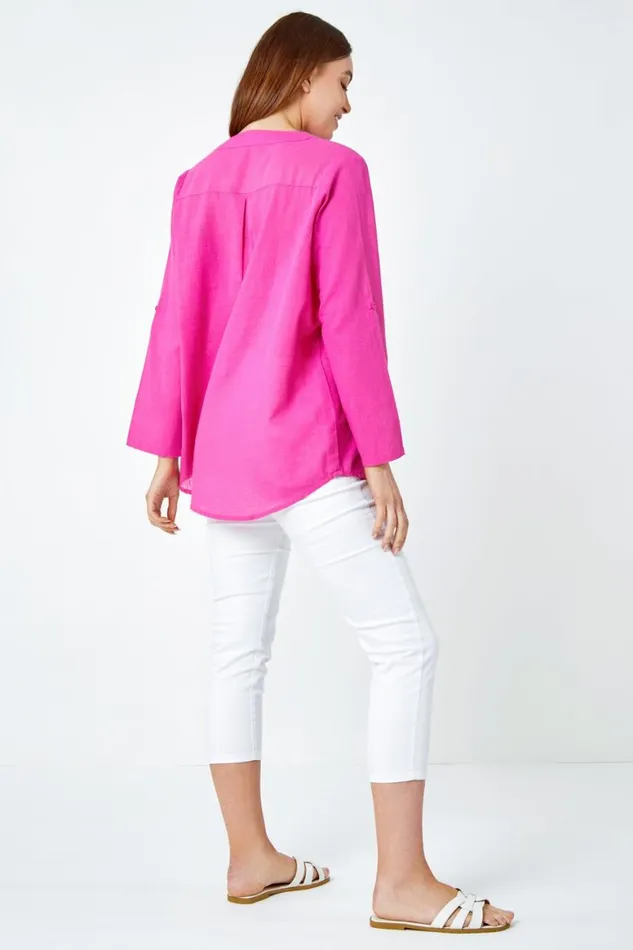 Women Pink Button Detail VNeck Cotton Overshirt Roman Tops