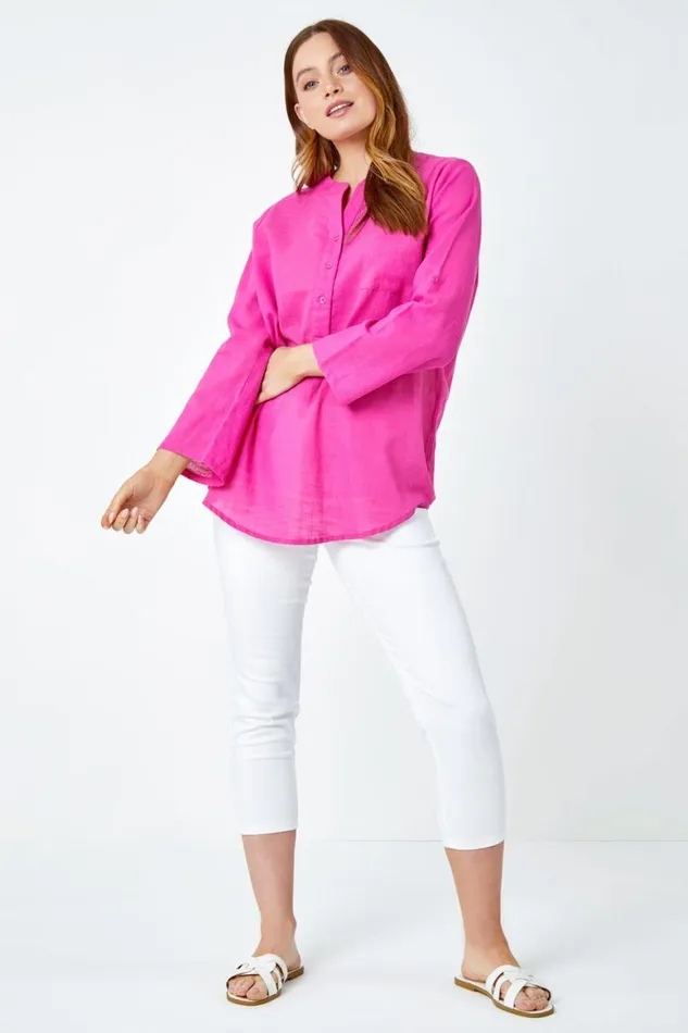 Women Pink Button Detail VNeck Cotton Overshirt Roman Tops