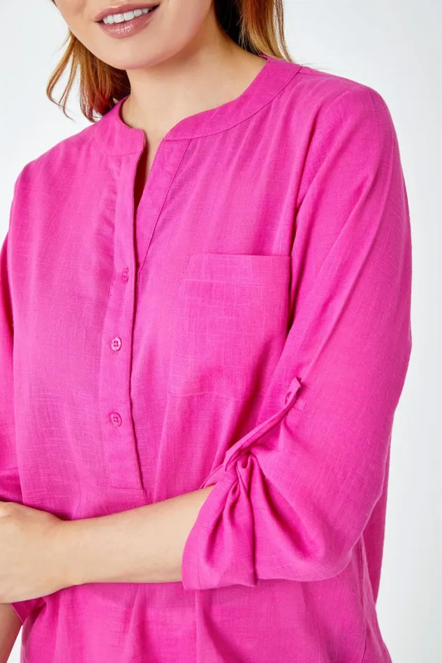 Women Pink Button Detail VNeck Cotton Overshirt Roman Tops
