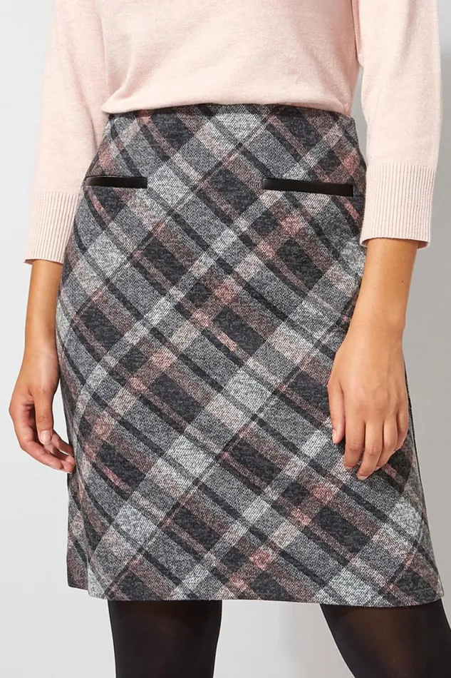 Women Pink Check Print Textured Elastic Waist Skirt Roman Skirts