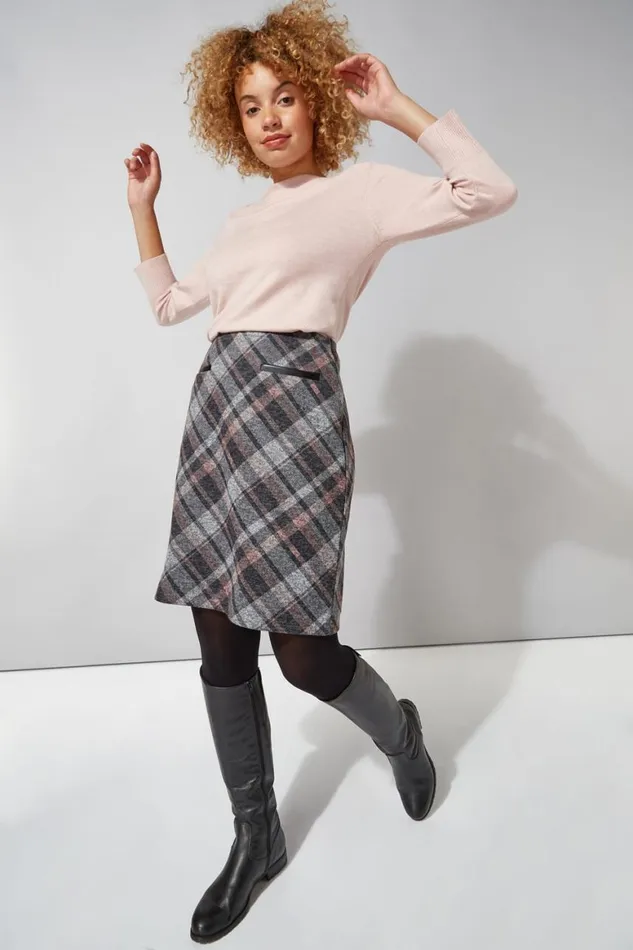 Women Pink Check Print Textured Elastic Waist Skirt Roman Skirts