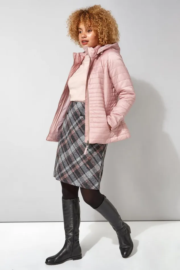 Women Pink Check Print Textured Elastic Waist Skirt Roman Skirts
