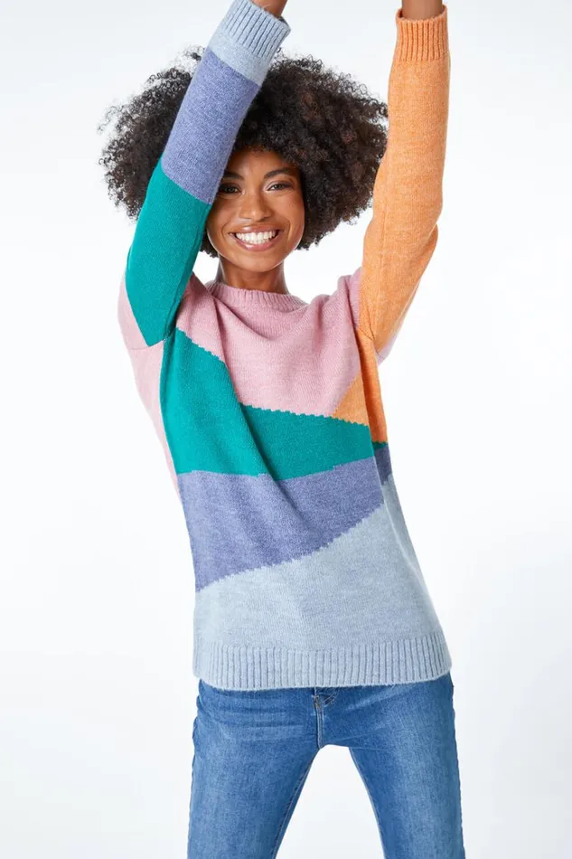 Women Pink Crew Neck Colourblock Jumper Roman Knitwear