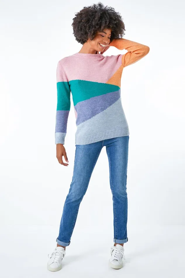 Women Pink Crew Neck Colourblock Jumper Roman Knitwear