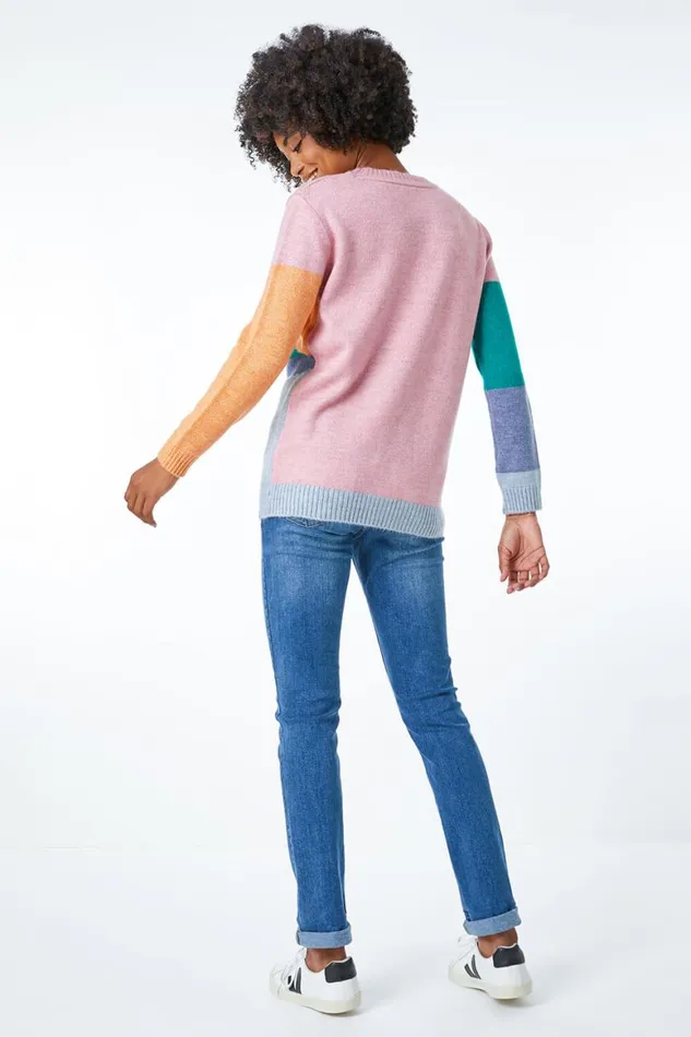 Women Pink Crew Neck Colourblock Jumper Roman Knitwear