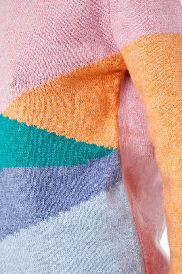 Women Pink Crew Neck Colourblock Jumper Roman Knitwear