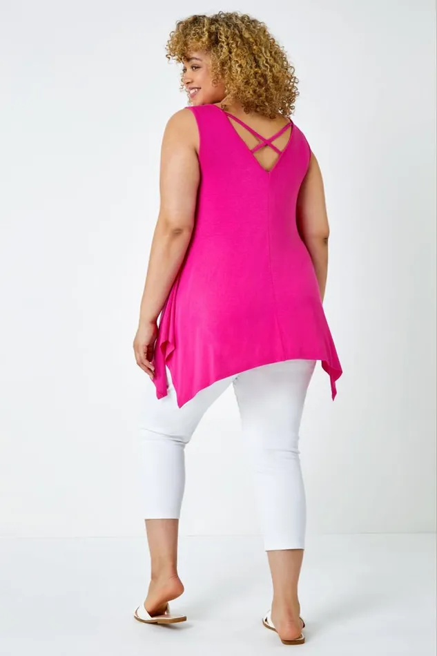 Women Pink Curve Cross Detail VNeck Stretch Vest Top Roman Tops