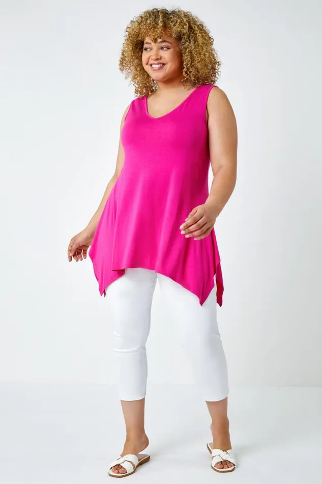 Women Pink Curve Cross Detail VNeck Stretch Vest Top Roman Tops