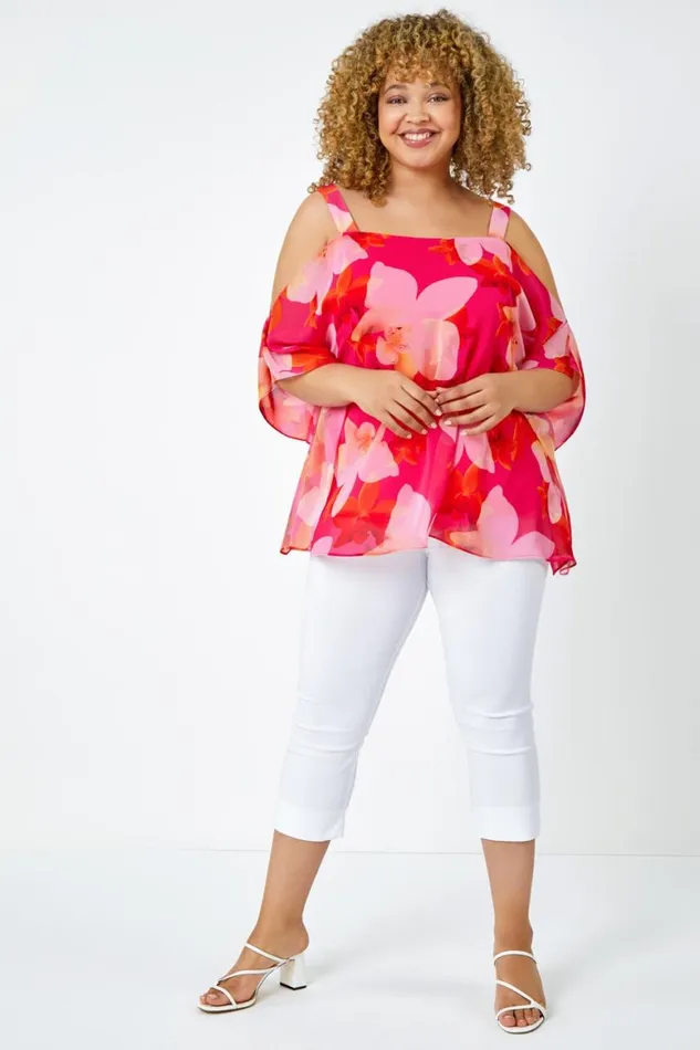 Women Pink Curve Floral Cold Shoulder Chiffon Top Roman Tops
