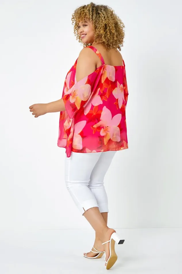 Women Pink Curve Floral Cold Shoulder Chiffon Top Roman Tops