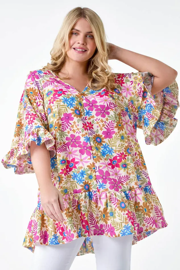 Women Pink Curve Floral Print Frill Detail Top Roman Tops