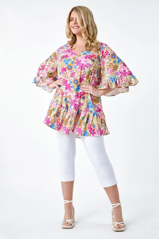 Women Pink Curve Floral Print Frill Detail Top Roman Tops