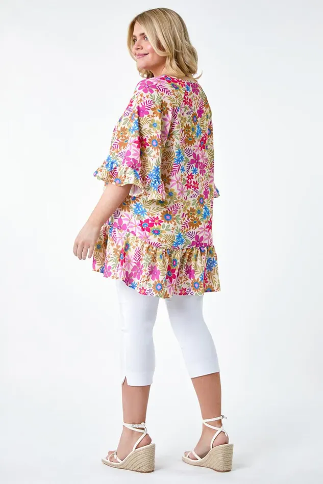 Women Pink Curve Floral Print Frill Detail Top Roman Tops