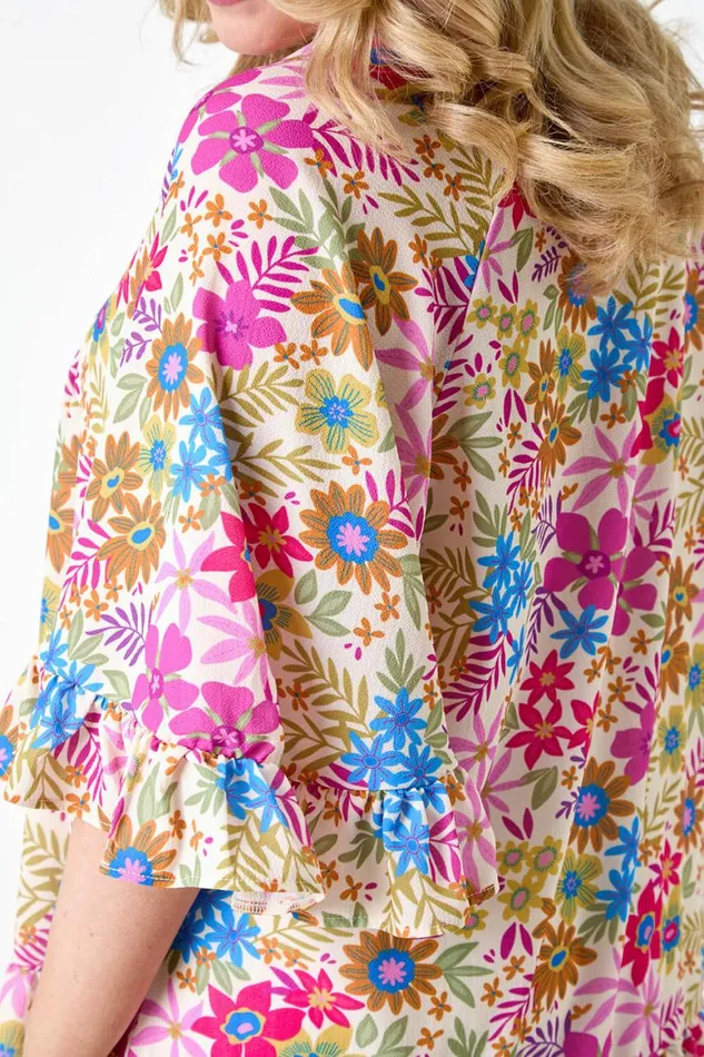 Women Pink Curve Floral Print Frill Detail Top Roman Tops