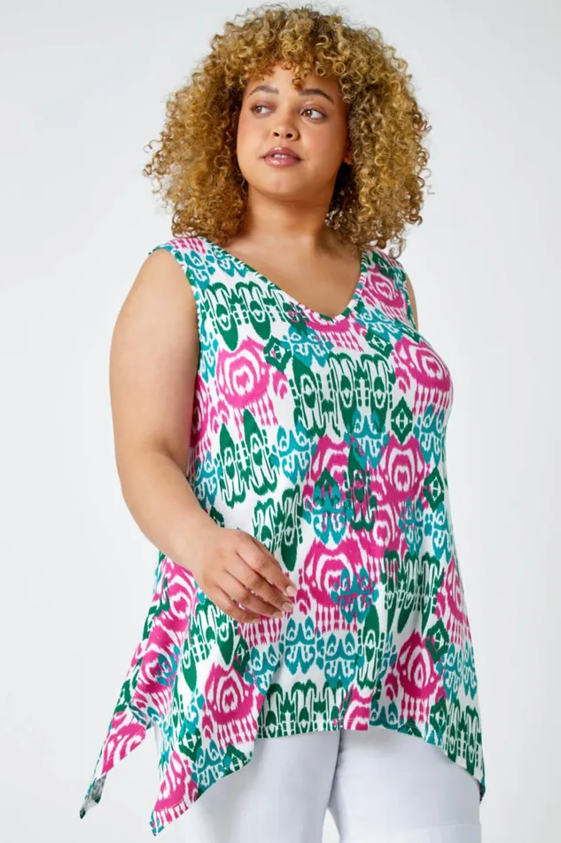 Women Pink Curve Geometric Print Cross Strap VNeck Cami Roman Tops