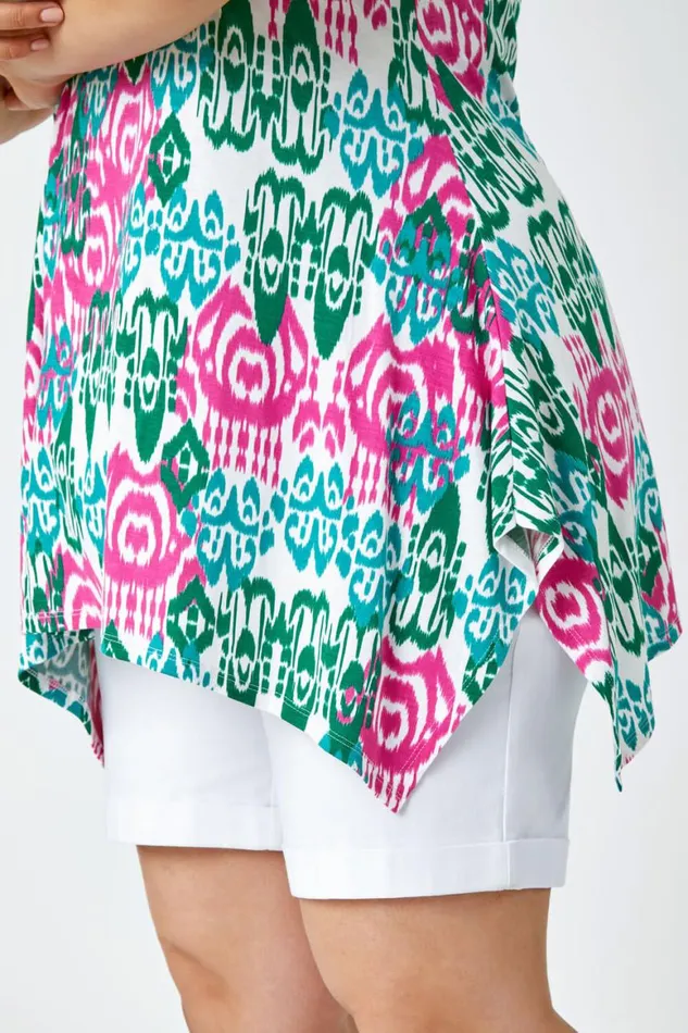 Women Pink Curve Geometric Print Cross Strap VNeck Cami Roman Tops