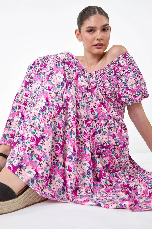 Women Pink Ditsy Floral Shirred Bardot Tiered Dress Roman Dresses