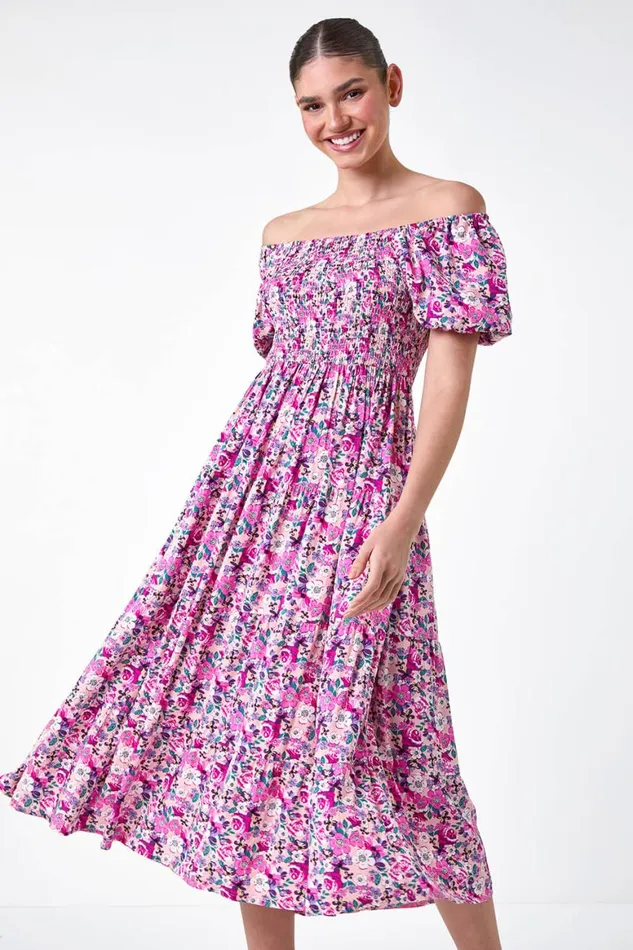 Women Pink Ditsy Floral Shirred Bardot Tiered Dress Roman Dresses