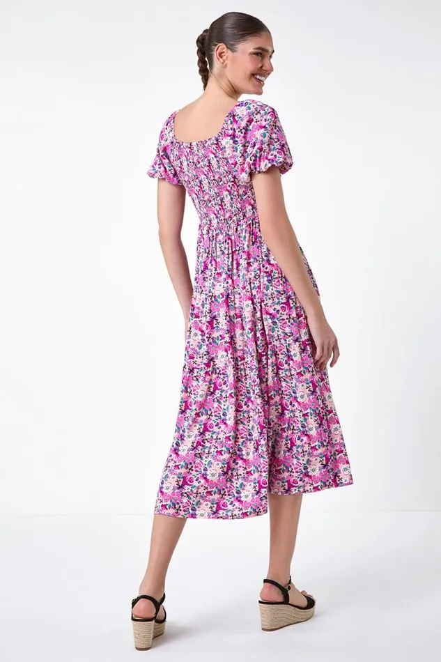 Women Pink Ditsy Floral Shirred Bardot Tiered Dress Roman Dresses