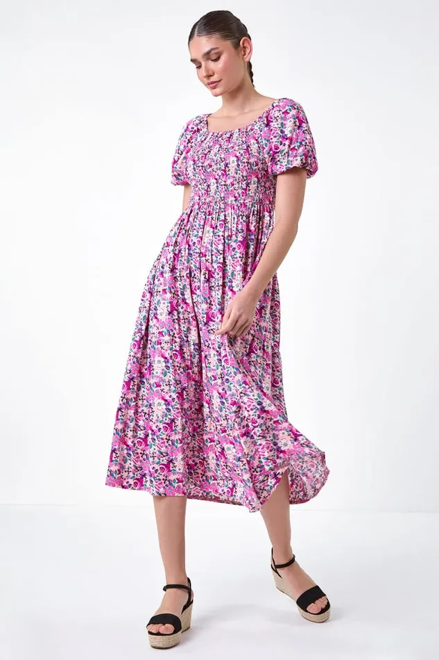 Women Pink Ditsy Floral Shirred Bardot Tiered Dress Roman Dresses