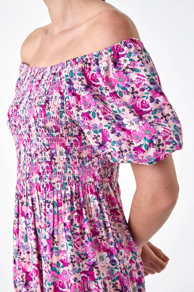 Women Pink Ditsy Floral Shirred Bardot Tiered Dress Roman Dresses